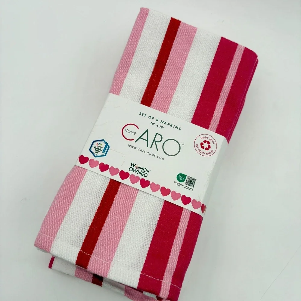 Caro Home Set‎ of 8 Pink Red Striped Cloth Napkins 18x18 Recycled Yarn New